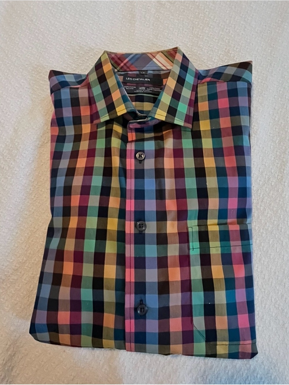 Leo Chevalier Multicolor Plaid Button-Down Shirt Short Sleeve Size Large EUC